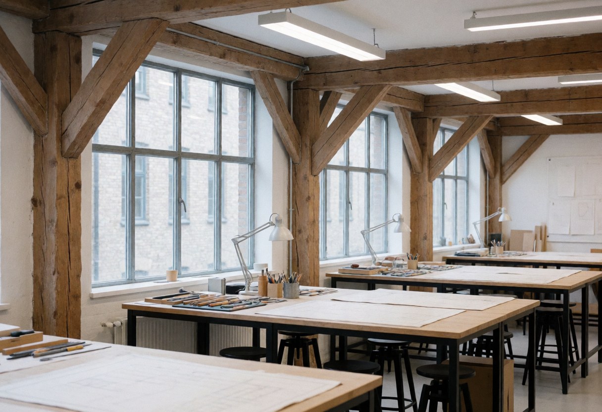 Vue intérieure d'un bureau d'architecture moderne comportant des poutres apparentes, de grandes fenêtres laissant entrer la lumière naturelle et un espace de travail organisé.