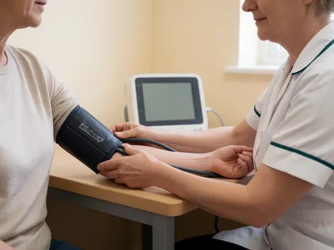 Une infirmière place un brassard sur le bras d'un patient dans une clinique, tandis qu'un moniteur affiche les données de santé.