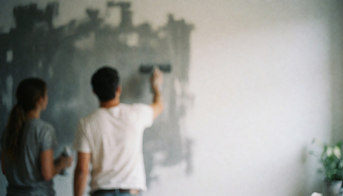 Arrière-plan flou de peinture murale servant de fond pour du texte, avec des tons gris et blanc.