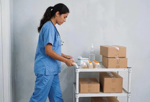 Une infirmière avance avec un chariot de médicaments dans un couloir de clinique aux murs gris clair et à l'éclairage vif, concentrée sur sa tâche professionnelle.