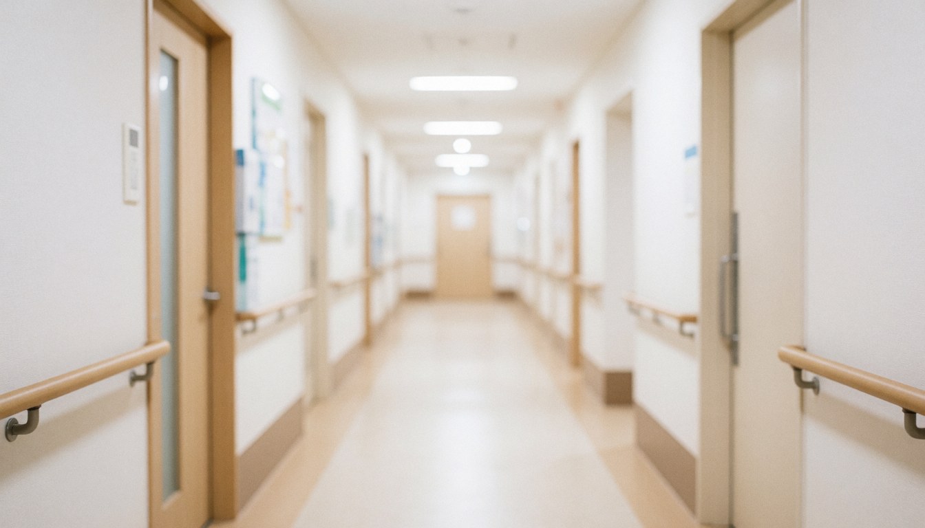 Couloir de clinique flou servant de fond neutre et professionnel pour textes, évoquant la santé et le calme.