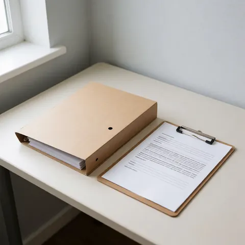 Un dossier médical fermé posé sur un bureau en bois clair dans un environnement de bureau lumineux et ordonné.