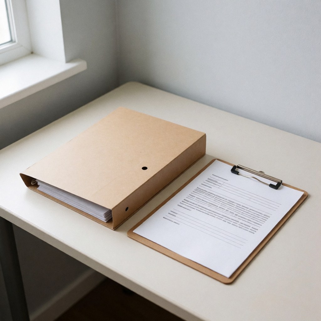 Un dossier médical fermé posé sur un bureau en bois clair dans un environnement de bureau lumineux et ordonné.