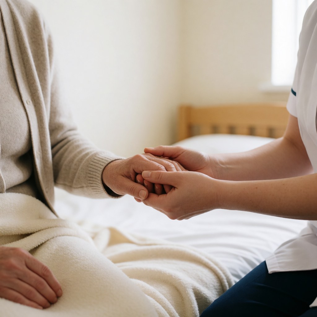Une infirmière tient doucement la main d'une personne âgée allongée dans un lit, dans une ambiance calme et chaleureuse avec une lumière naturelle.