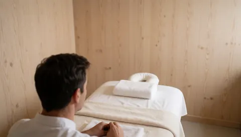 Vue arrière d'un professionnel disposant des serviettes blanches sur une table de massage dans un espace aux murs en bois clair et à l'éclairage doux.