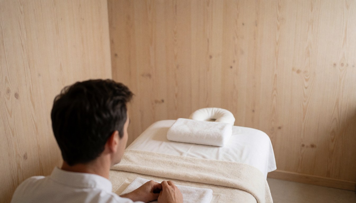 Vue arrière d'un professionnel disposant des serviettes blanches sur une table de massage dans un espace aux murs en bois clair et à l'éclairage doux.