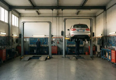 Vue intérieure d'un garage automobile italien montrant des véhicules sur élévateurs, des outils de mécanicien rangés et un espace de travail organisé pour la maintenance des voitures.