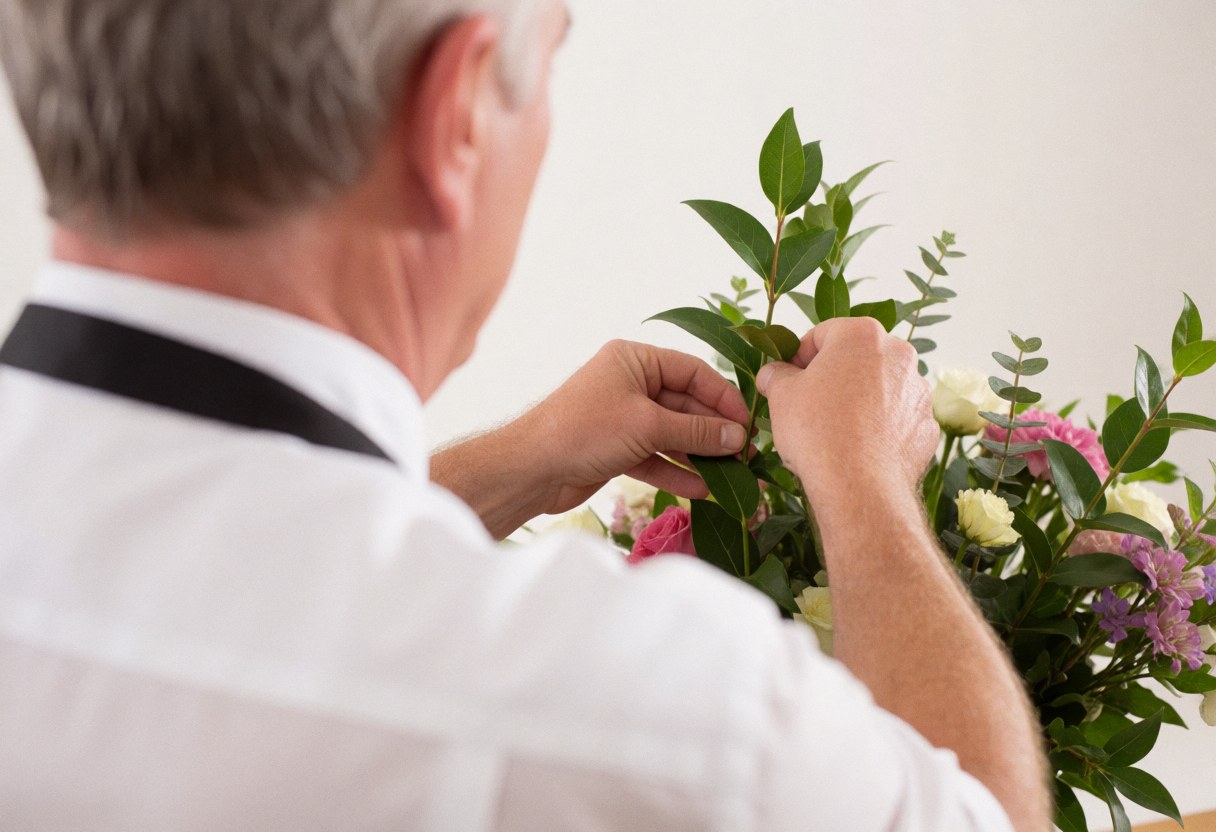Un homme de dos arrange un bouquet de fleurs composé de roses et de feuillage vert dans un studio éclairé, illustrant le travail en floristerie.