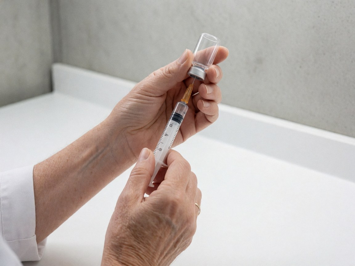 Des mains d'adulte préparent une injection en remplissant une seringue à partir d'un flacon médical sur un fond clinique propre et neutre.