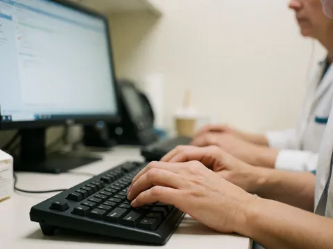 Des mains écrivant sur un clavier noir dans un bureau médical avec écran flou, mur blanc chaud et éclairage neutre.