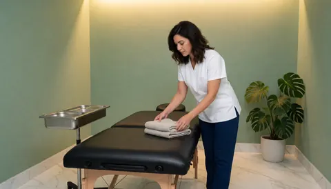 Intérieur d'une salle de spa apaisante avec table de massage, serviettes blanches et plante monstera pour un bien-être professionnel.