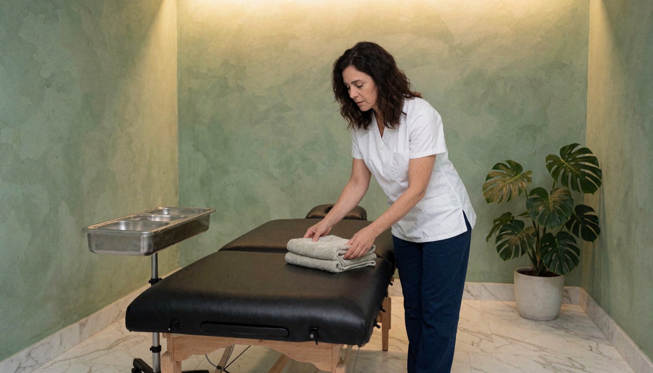 Intérieur d'une salle de spa apaisante avec table de massage, serviettes blanches et plante monstera pour un bien-être professionnel.
