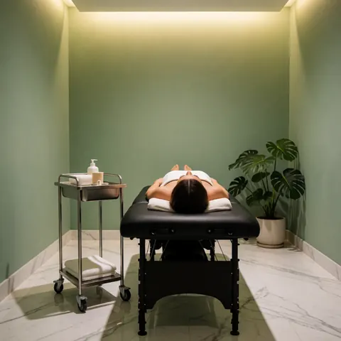 Client relaxé sur table de massage dans un spa moderne aux murs verts, sol en marbre, plante monstera et lumière chaude.