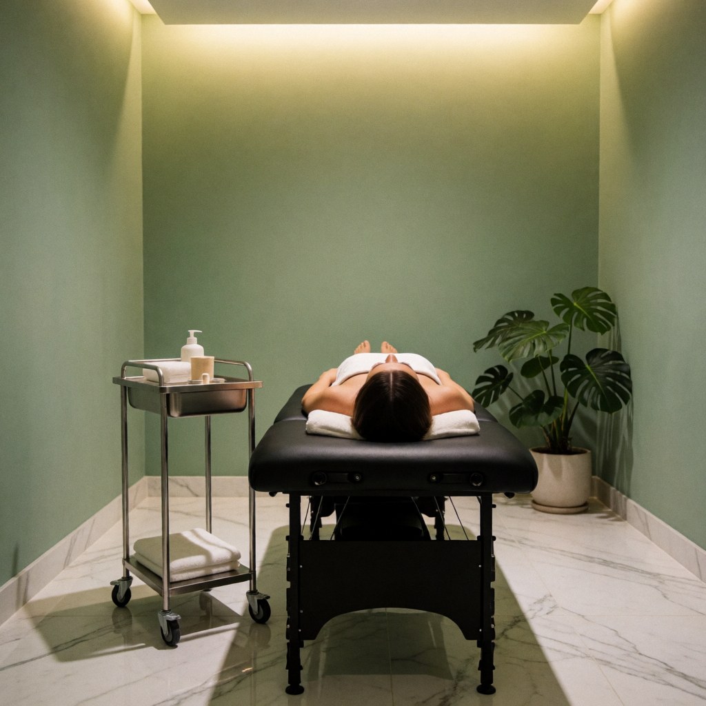 Client relaxé sur table de massage dans un spa moderne aux murs verts, sol en marbre, plante monstera et lumière chaude.