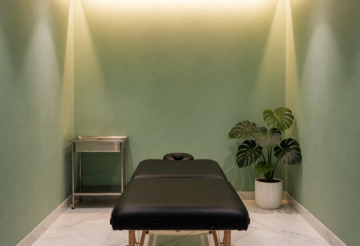 Intérieur d'une salle de massage au style épuré avec des murs peints en vert, un sol en marbre blanc brillant et une table de massage noire. Une plante monstera apporte une touche naturelle sous un éclairage chaleureux.