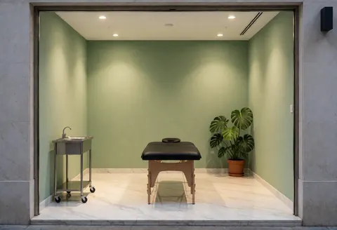 Vue de l'entrée d'un spa moderne affichant des murs verts, un sol en marbre, une table de massage noire, une plante monstera et un équipement de stérilisation métallique.