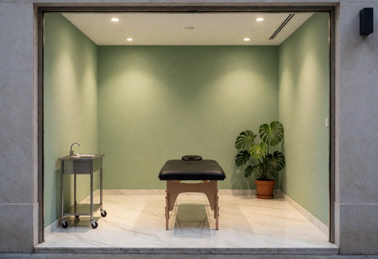Vue de l'entrée d'un spa moderne affichant des murs verts, un sol en marbre, une table de massage noire, une plante monstera et un équipement de stérilisation métallique.