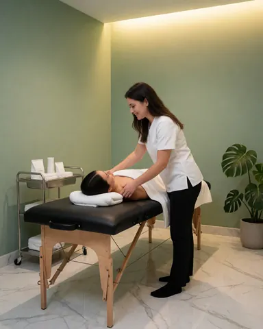 Une praticienne réalise un massage relaxant sur une table noire dans un spa moderne aux murs verts et au sol en marbre blanc, avec une plante monstera.