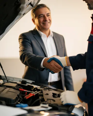 Un client souriant serre la main d'un mécanicien professionnel dans un atelier de réparation automobile avec des outils visibles en arrière-plan.
