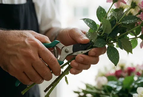 Mains d'un professionnel coupant une tige de rose avec des ciseaux, feuilles vertes humides, arrière-plan flou lumineux et naturel.
