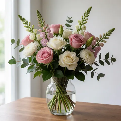 Bouquet floral raffiné composé de roses et de feuilles d'eucalyptus disposé dans un vase transparent en verre posé sur une table en bois baignée de lumière naturelle.