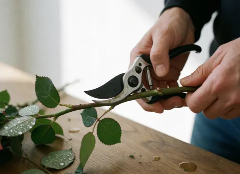 Une main utilisant des ciseaux de taille pour couper une rose sur une table en bois, avec des feuilles humides et un éclairage vif mettant en valeur les détails.