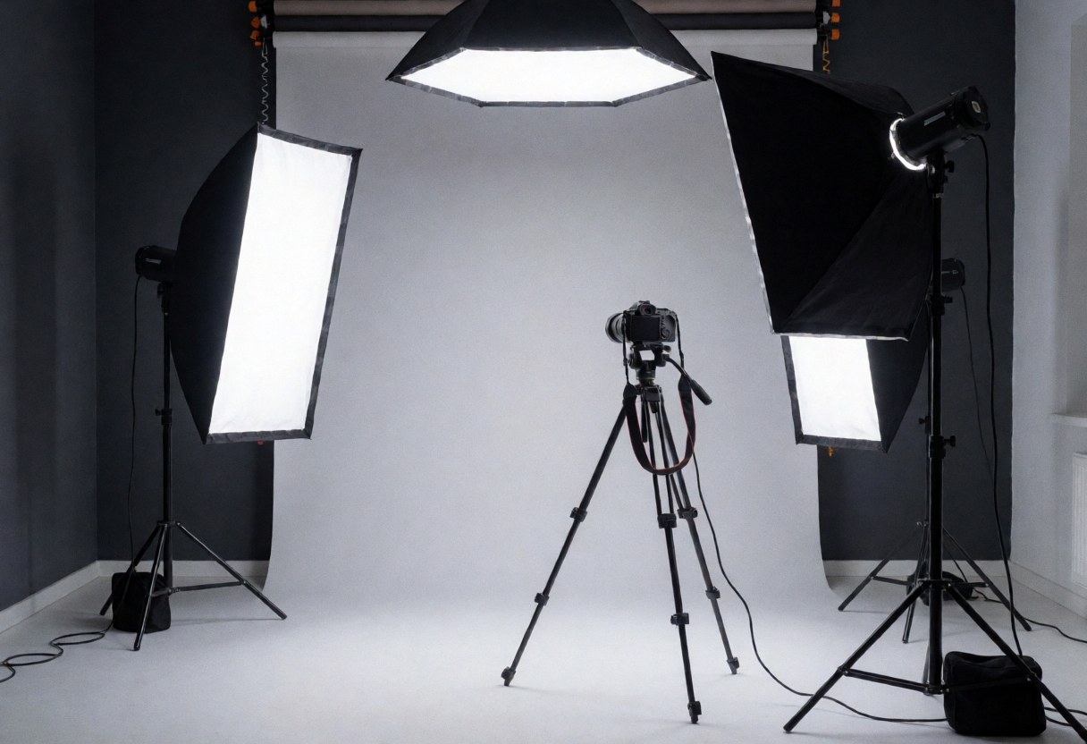 Vue d'un studio photographique professionnel équipé de softbox, trépied et fond gris pour des prises de vue commerciales.
