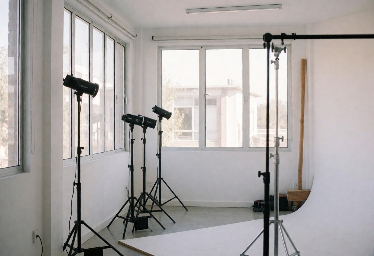 Studio photographique aux murs blancs, grandes fenêtres apportant une lumière naturelle, éclairage professionnel et fond blanc pour services photo.