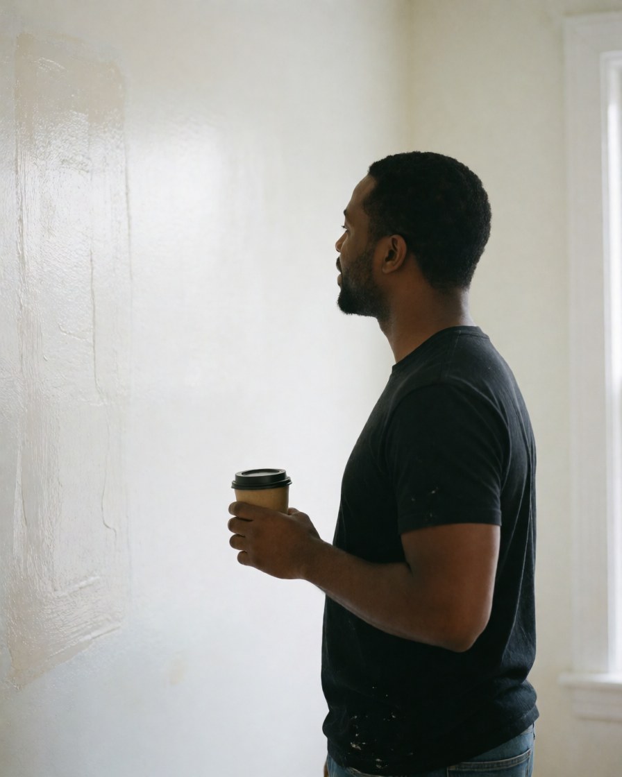 Un client heureux observe le résultat d'une peinture intérieure réalisée avec soin sur un mur blanc.