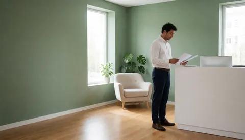 Un psychologue examine des documents dans un bureau moderne avec des murs verts, une plante et une fenêtre laissant entrer la lumière naturelle.