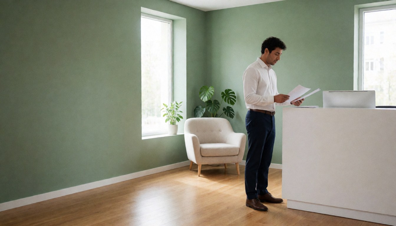 Un psychologue examine des documents dans un bureau moderne avec des murs verts, une plante et une fenêtre laissant entrer la lumière naturelle.