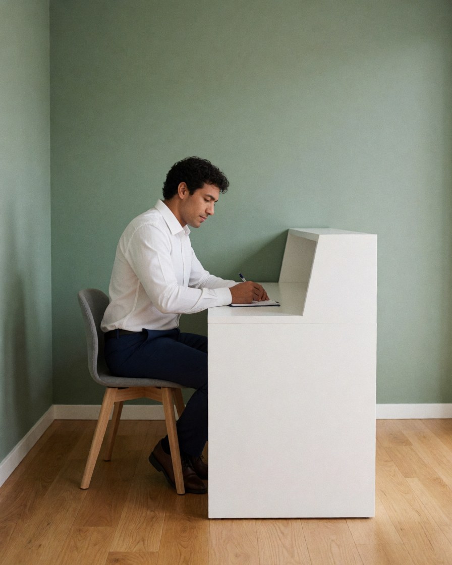 Un psychologue ou thérapeute assis à un bureau blanc moderne, prenant des notes avec une plume sur du papier dans un environnement calme et lumineux.