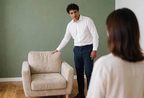 Un psychologue guide son client vers une chaise beige dans un bureau aux murs verts et au sol en bois, créant une ambiance calme et professionnelle.