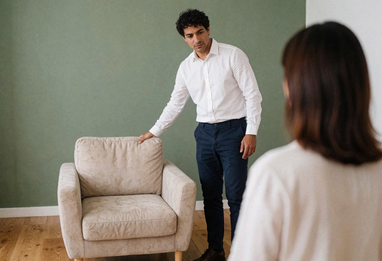 Un psychologue guide son client vers une chaise beige dans un bureau aux murs verts et au sol en bois, créant une ambiance calme et professionnelle.
