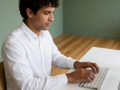 Un psychologue jeune travaille à son bureau dans un espace moderne aux murs verts et au sol en bois, utilisant un clavier blanc sous une lumière naturelle.
