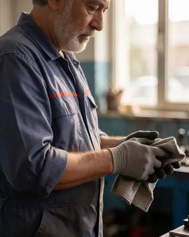 Un mécanicien expérimenté portant des gants de travail nettoie soigneusement ses outils avec un chiffon dans un atelier automobile baigné de lumière naturelle.