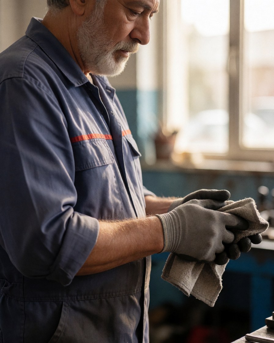 Un mécanicien expérimenté portant des gants de travail nettoie soigneusement ses outils avec un chiffon dans un atelier automobile baigné de lumière naturelle.