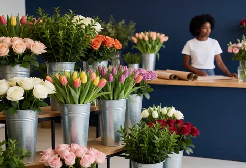 Vue intérieure d'une boutique de fleurs présentant des tulipes et des roses disposées dans des pots métalliques sur des étagères, devant un mur bleu foncé.