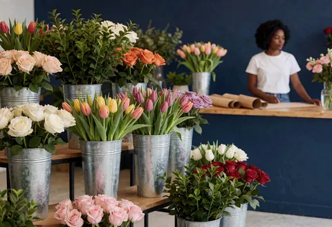 Vue intérieure d'une boutique de fleurs présentant des tulipes et des roses disposées dans des pots métalliques sur des étagères, devant un mur bleu foncé.