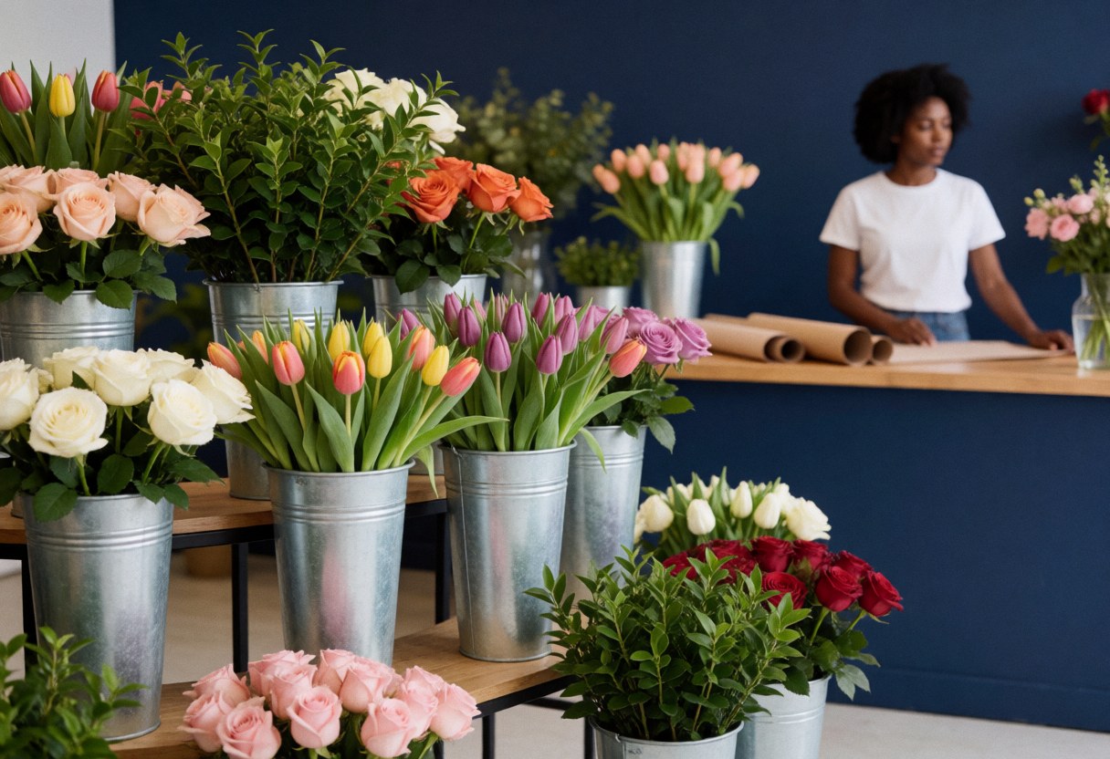 Vue intérieure d'une boutique de fleurs présentant des tulipes et des roses disposées dans des pots métalliques sur des étagères, devant un mur bleu foncé.