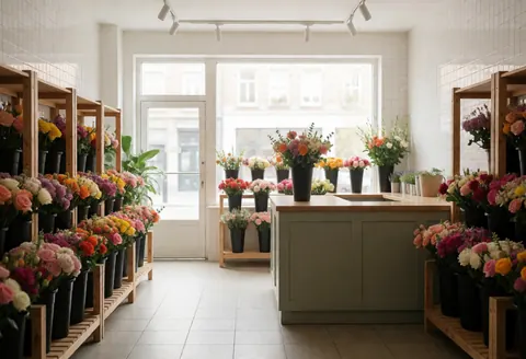 Vue intérieure d'un magasin de fleurs lumineux présentant des étagères en bois, des pots colorés et des bouquets disposés sur le sol carrelé blanc.