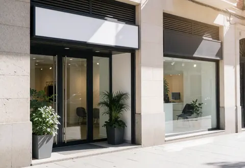 Façade contemporaine avec portes vitrées et plantes vertes devant un studio professionnel.