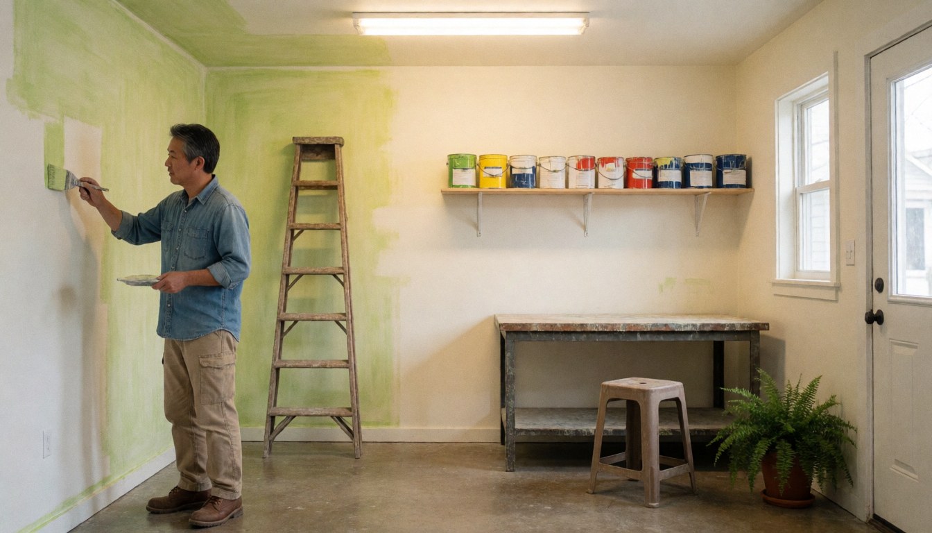 Un propriétaire effectue des travaux de peinture dans un atelier tranquille, entouré d'outils et de matériaux.