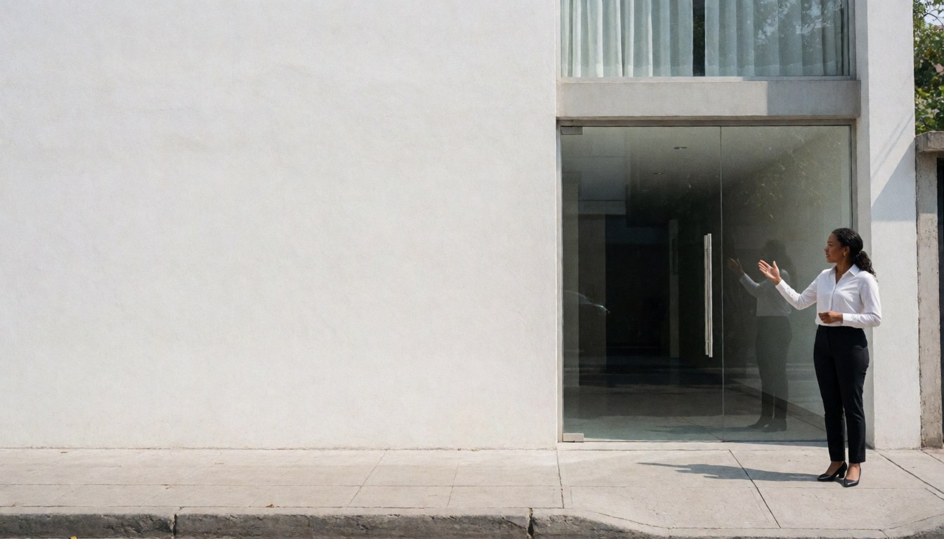Une agente immobilière professionnelle se tient debout devant l'entrée vitrée d'un bâtiment contemporain en journée.
