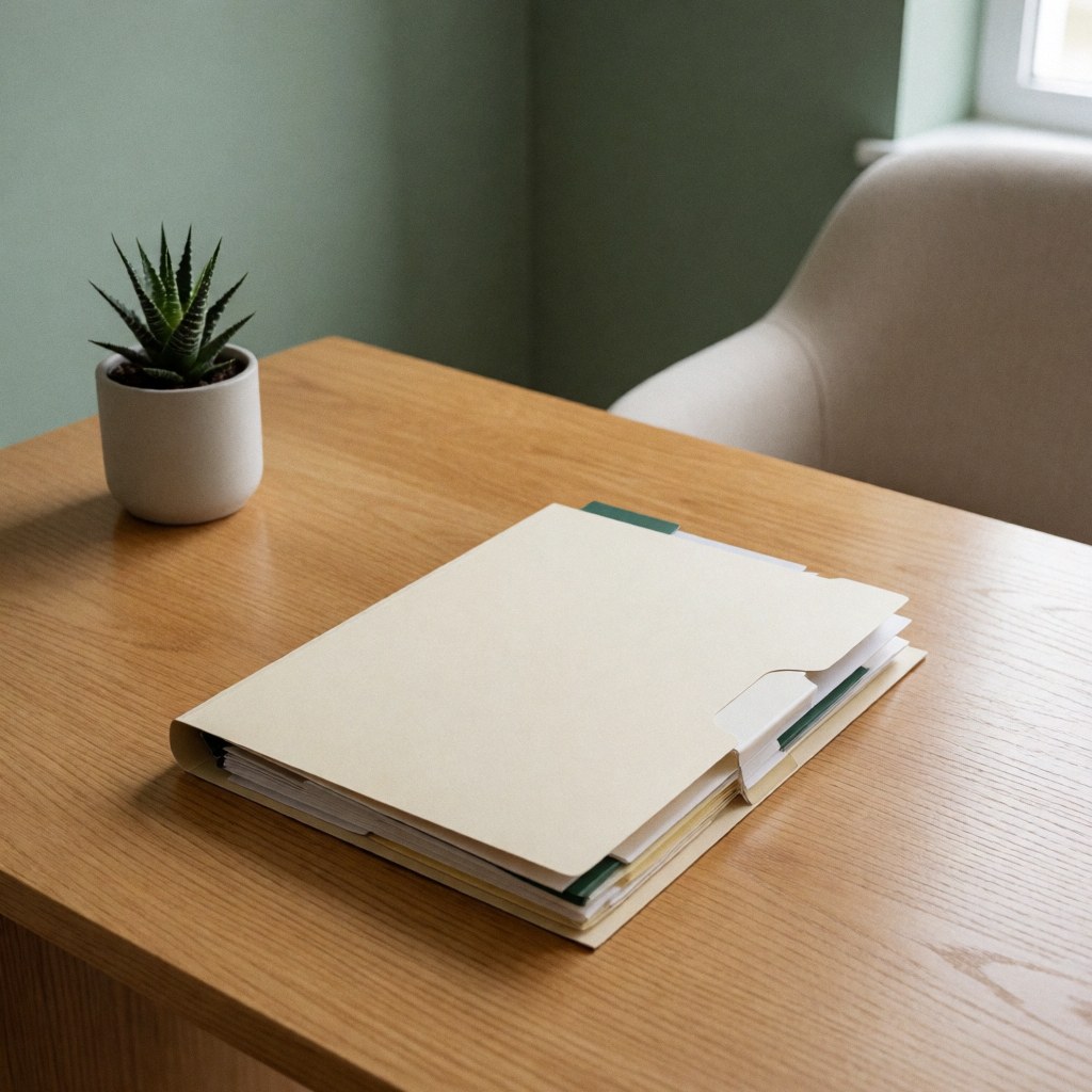 Vue d'un bureau moderne et épuré en bois clair, orné d'une petite plante succulente dans un pot beige, évoquant calme et professionnalisme.