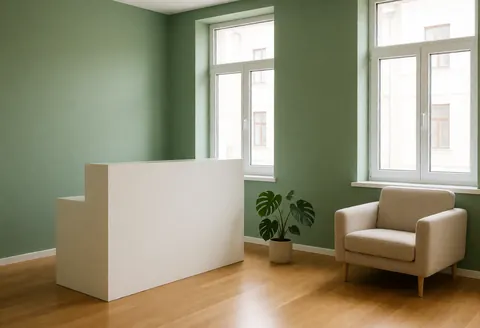 Vue d'un espace clinique moderne et lumineux avec murs verts, sol en bois et plante monstera.