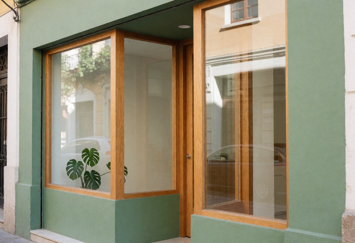 Façade d'un cabinet de psychologie avec murs verts, fenêtres en bois et une plante monstera visible, créant un environnement calme et moderne.