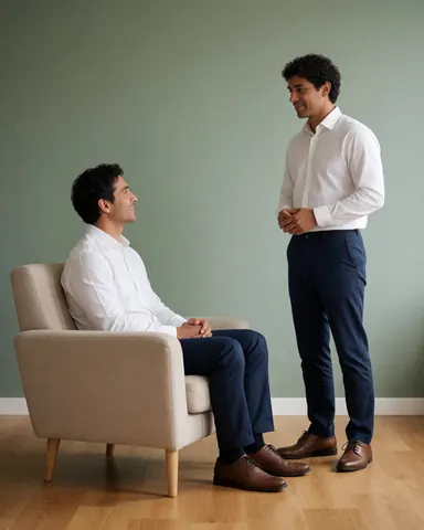 Un homme sourit lors d'une consultation psychologique dans un bureau moderne aux tons verts et boisés, évoquant calme et écoute attentive.
