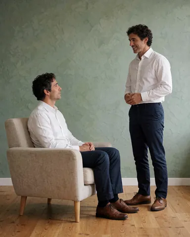 Un homme sourit lors d'une consultation psychologique dans un bureau moderne aux tons verts et boisés, évoquant calme et écoute attentive.