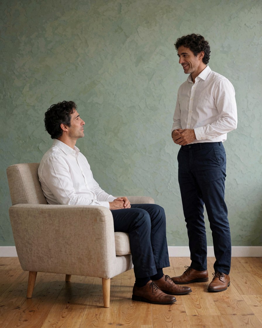 Un homme sourit lors d'une consultation psychologique dans un bureau moderne aux tons verts et boisés, évoquant calme et écoute attentive.